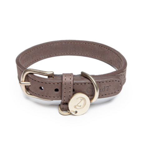 Brown leather dog collar with label